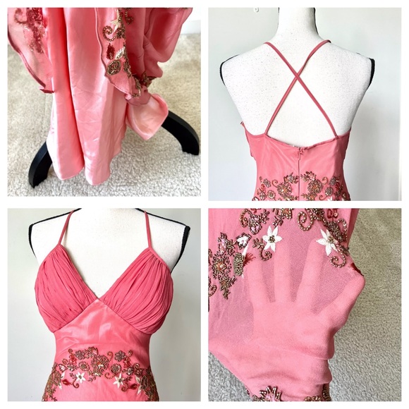 Vintage 90s 100% Silk Bead Dress Silk Dress Floral Prom Dress Fairy Cottage Pink - Picture 7 of 17
